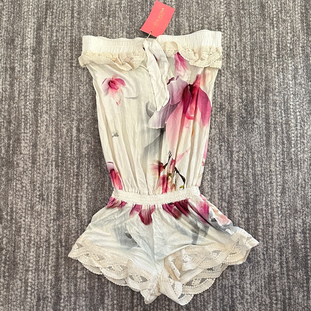 NWT Vanita Rosa Combishort Noeud Jersey Cream Floral Lace Romper Cover up Swim